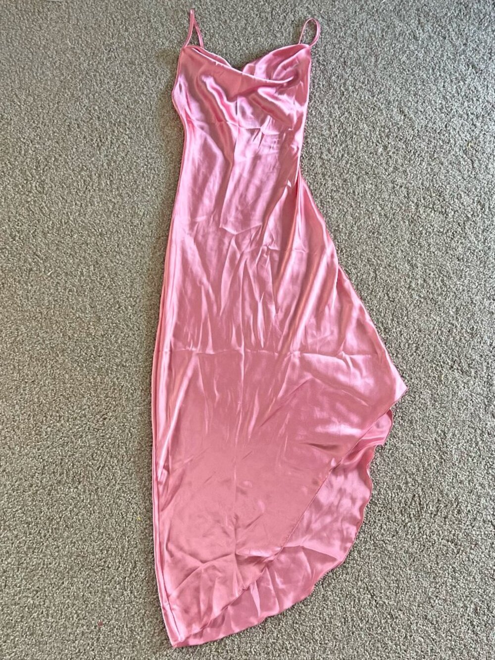 Y2K Bubblegum Pink Satin Cowl Neck Slip Dress Asymmetrical Hem Bebe USA Size XS